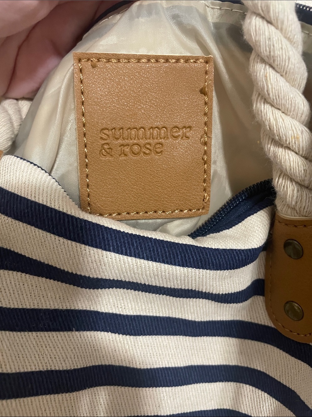 summer & rose Navy and Cream Striped Rope-Handle Beach Tote - Picture 2 of 11